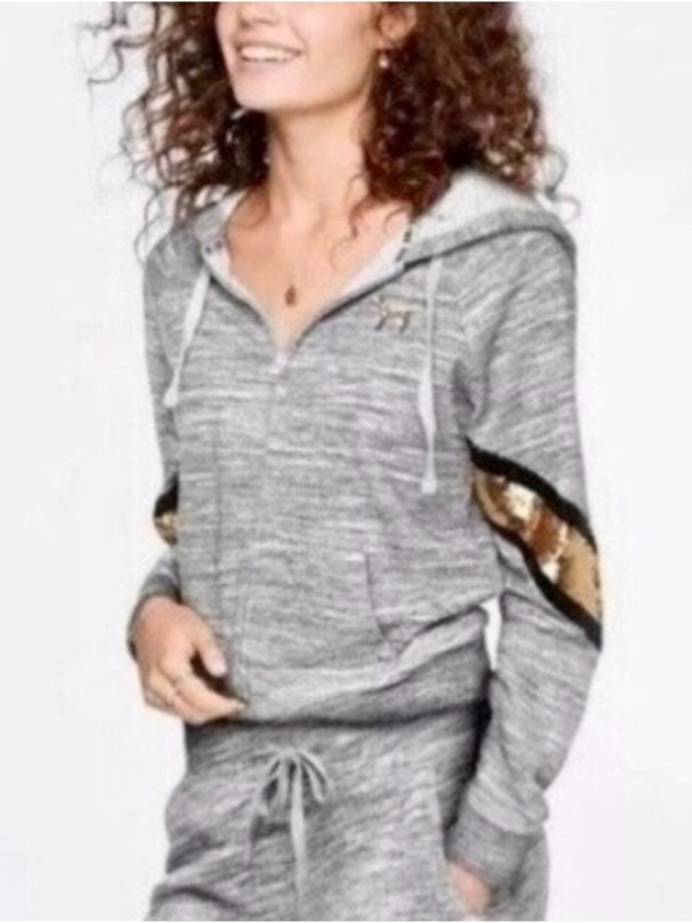 Victoria’s Secret PINK Women’s Sequin Full Zip Drawstring Hooded Gray Jacket M